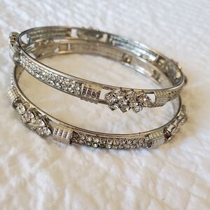 Sparkling White Gem And Silver Toned Bangle Bracelets